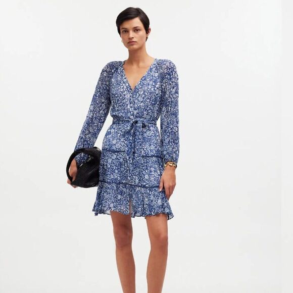 Madewell NS128 Blue Tie-Waist Tiered Mini Dress in Floral NWT size small - Picture 1 of 9